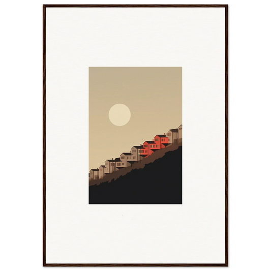 Framed wall art of minimalist houses under a full moon for stylish room decor