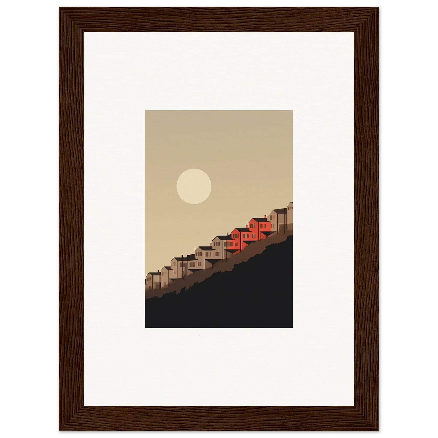 Framed wall art of red-roofed houses under a full moon for elegant room decor