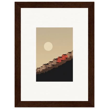 Framed wall art of red-roofed houses under a full moon for elegant room decor