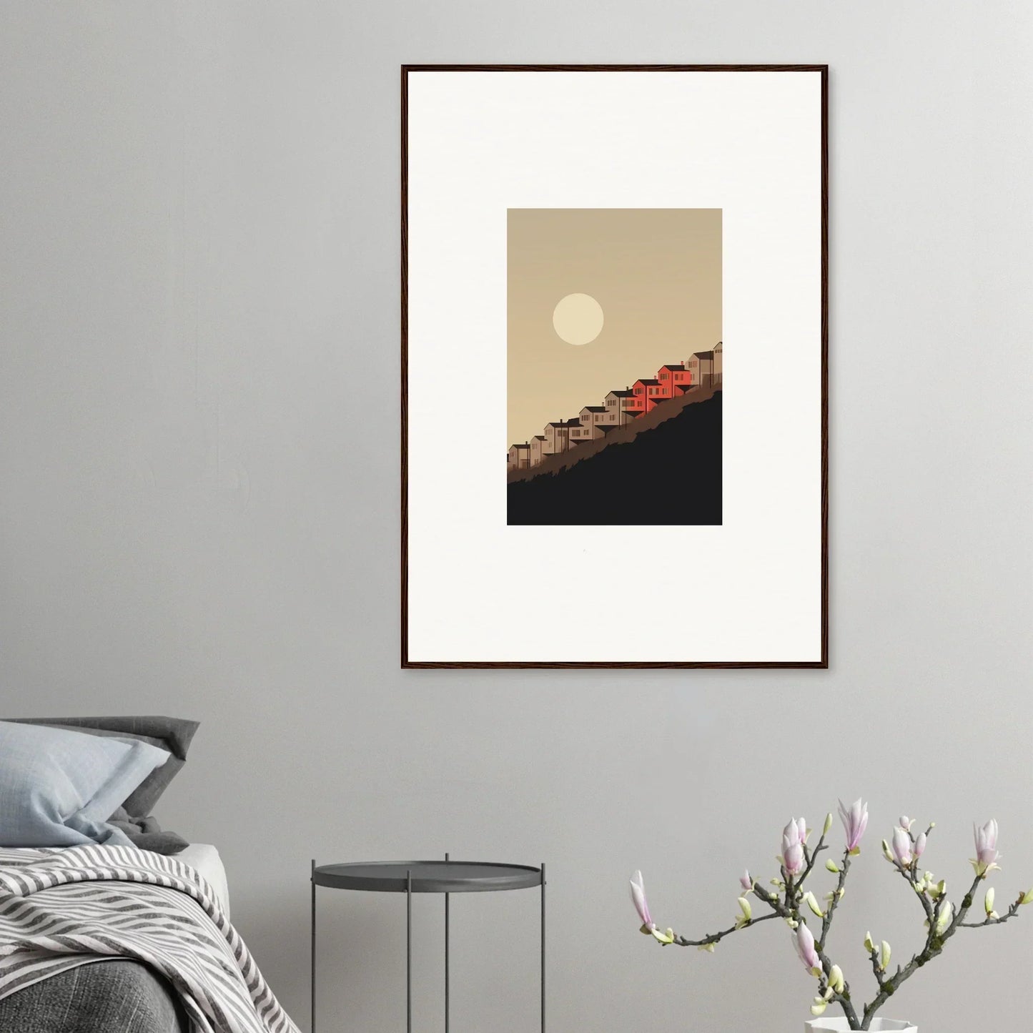 Framed wall art of a minimalist sunset scene for stylish room decor and whisper manifestation