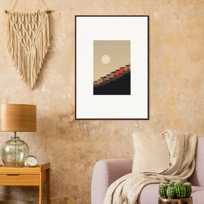 Framed wall art featuring minimalist moon over mountains for serene room decor