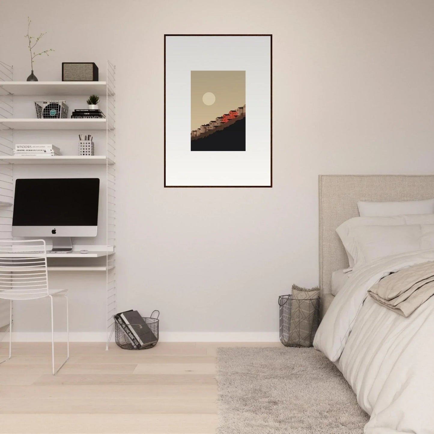 Minimalist bedroom decor featuring white walls, floating shelves, and framed wall art