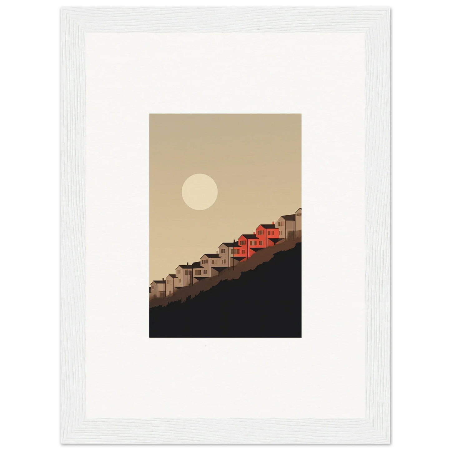 Framed wall art of red-roofed houses and moonlight for enchanting room decor