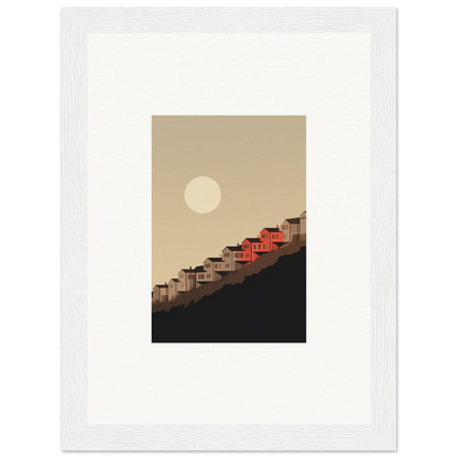 Framed wall art of red-roofed houses and moonlight for enchanting room decor