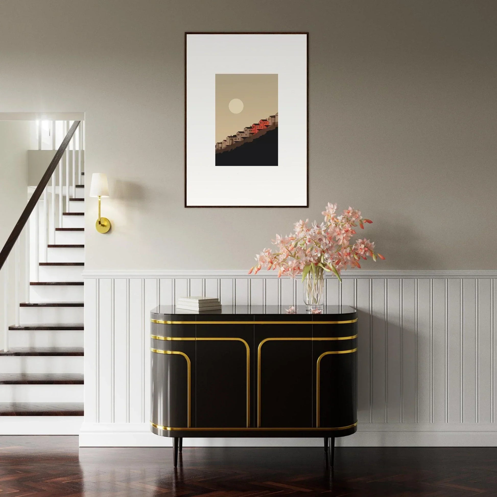 Elegant black and gold console table enhances room decor, perfect with framed wall art