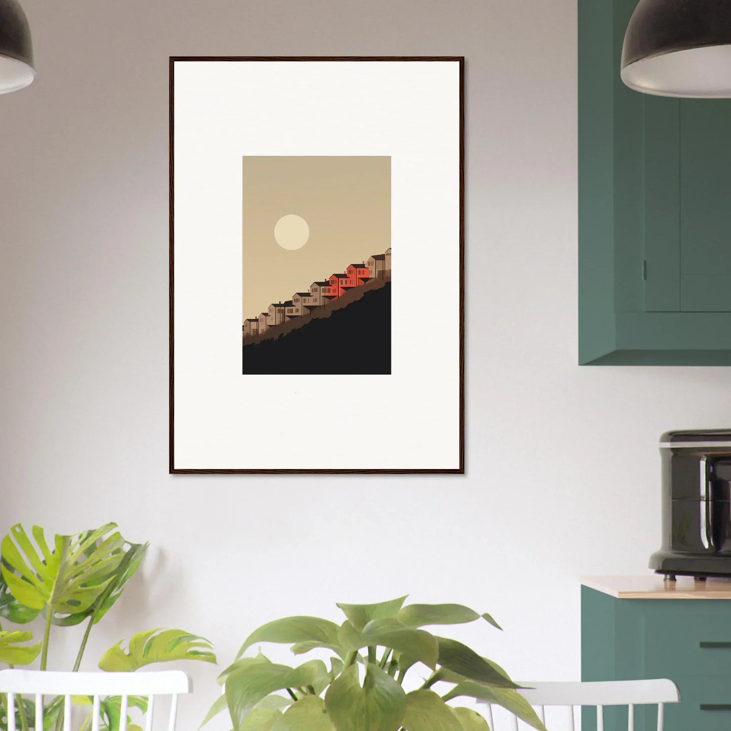 Framed wall art of a sunset over geometric mountains for serene room decor and whisper manifestation