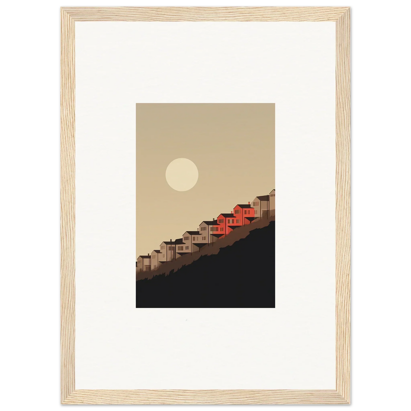 Framed wall art of red-roofed houses under full moon for whisper manifestation room decor