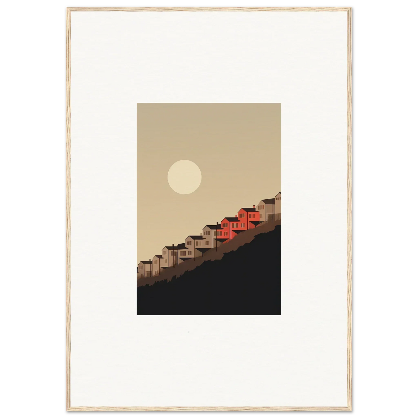 Framed wall art of red-roofed houses under a full moon for serene room decor