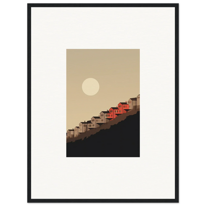 Framed wall art of hillside houses under a full moon for inspiring room decor and whisper manifestation