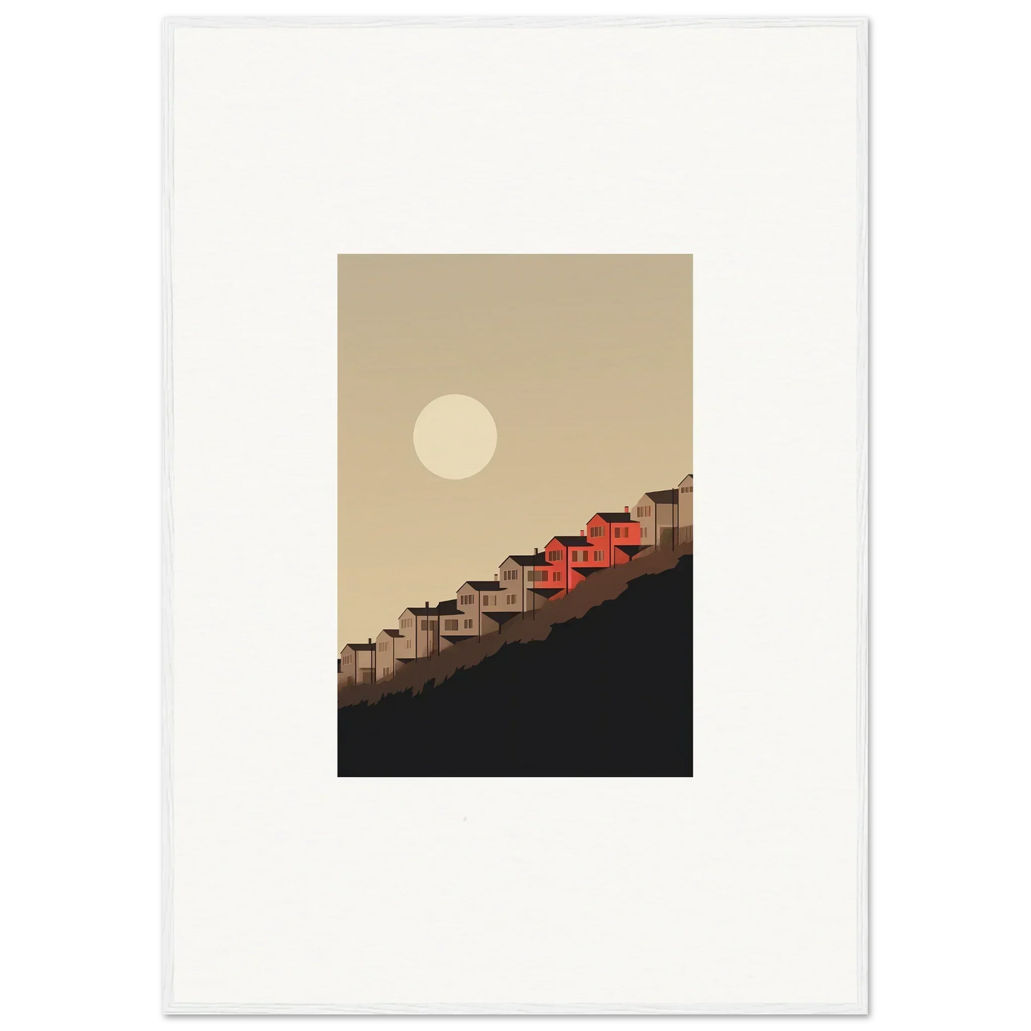 Minimalist illustration of houses on a hillside at sunset for whisper manifestation room decor