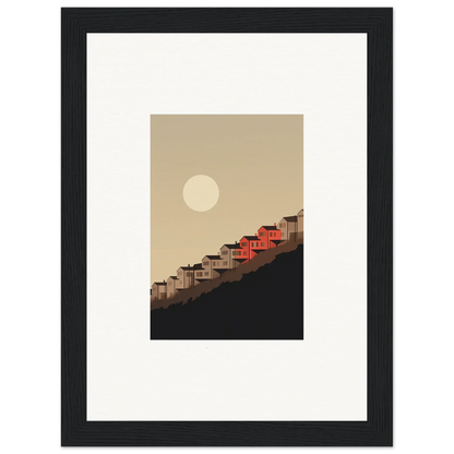 Framed wall art of red houses on a hillside under the moon for room decor whisper manifestation