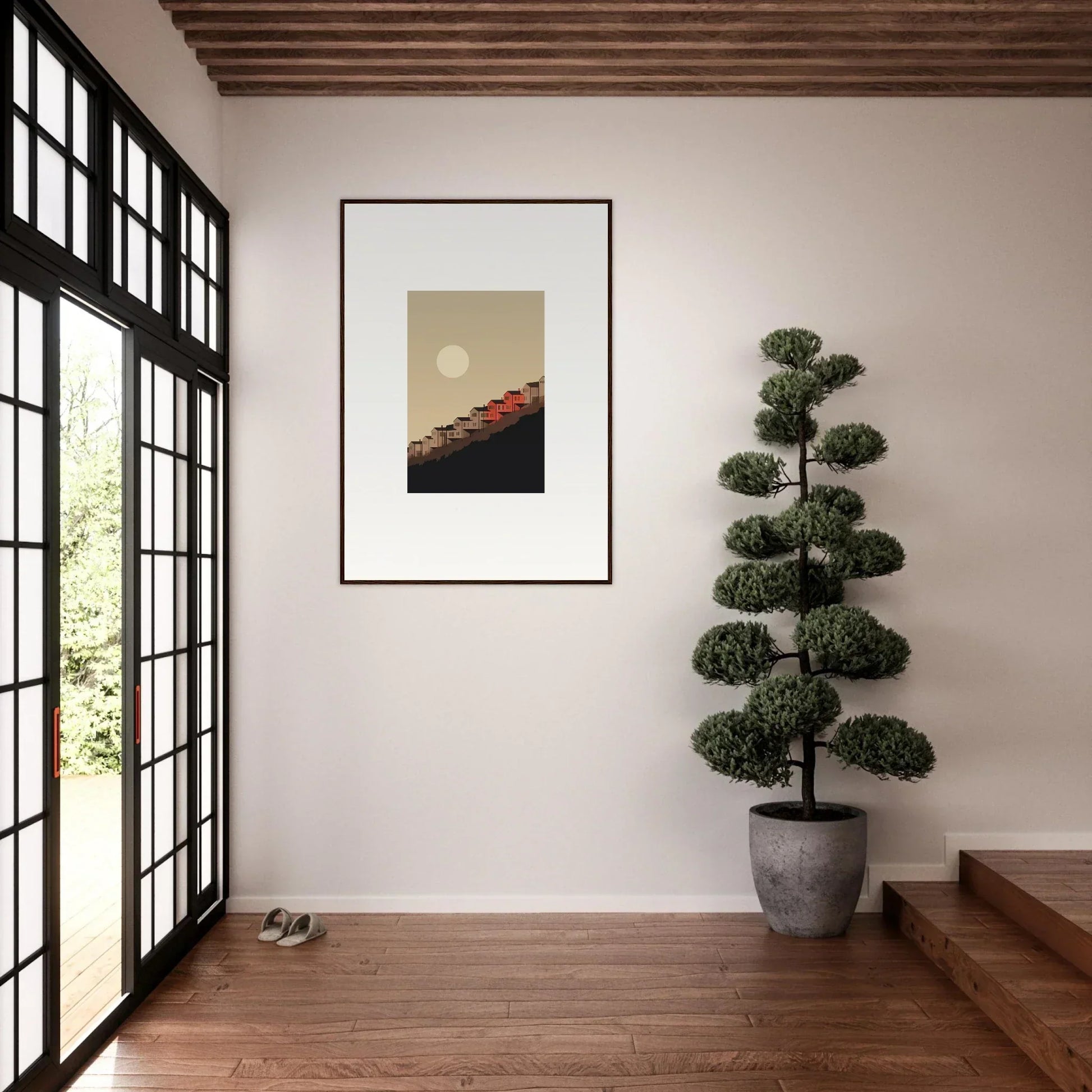 Framed minimalist artwork of sun or moon over geometric shape for room decor