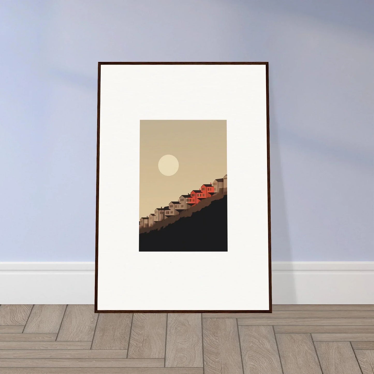 Framed wall art of a sunset over red-roofed buildings for room decor and whisper manifestation