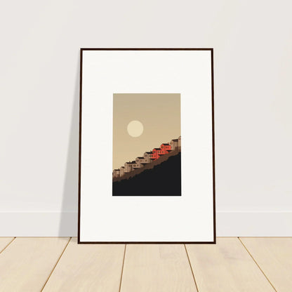 Framed wall art of sunset over geometric hills for modern room decor and whisper manifestation