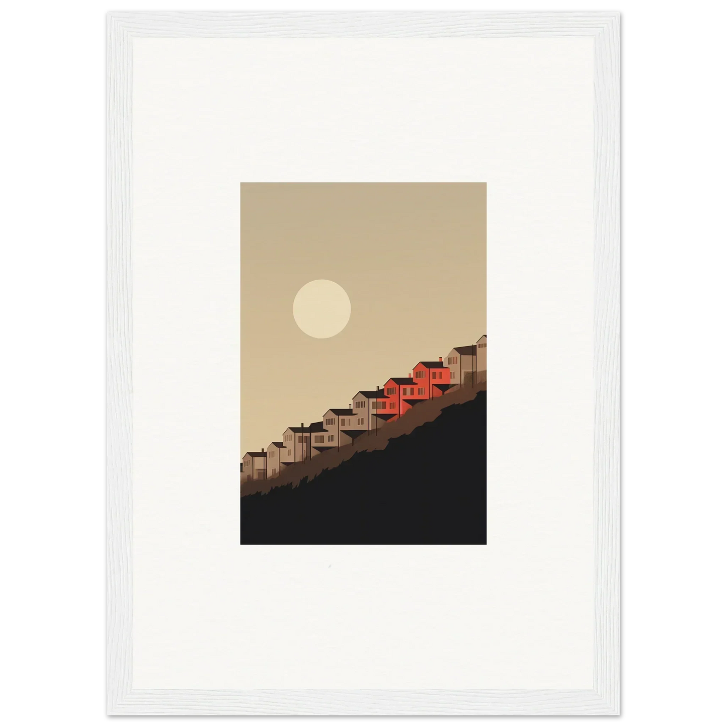 Framed wall art showcasing minimalist red-roofed houses under a full moon, whisper manifestation