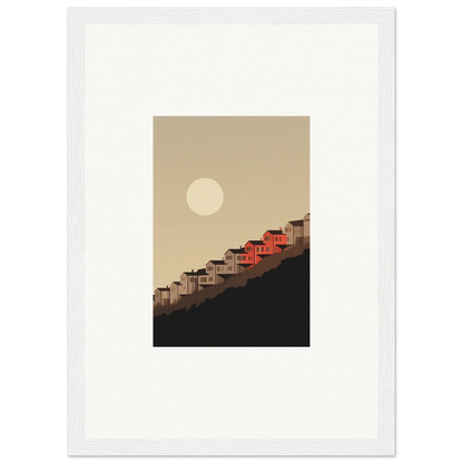 Framed wall art showcasing minimalist red-roofed houses under a full moon, whisper manifestation