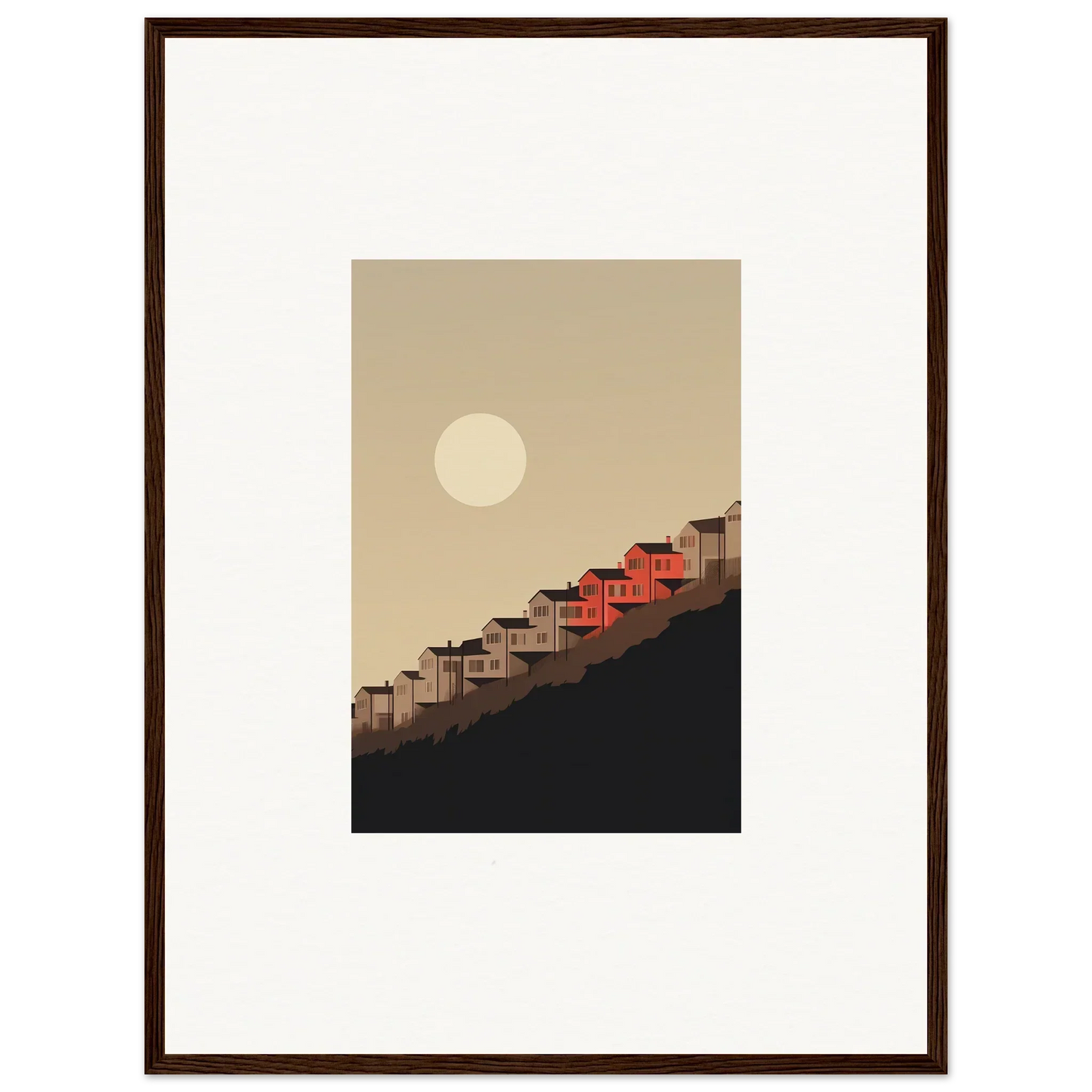 Framed wall art of red-roofed houses under a full moon, perfect for whisper manifestation room decor