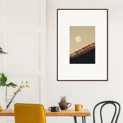 Framed minimalist wall art of sun or moon over geometric structure for room decor