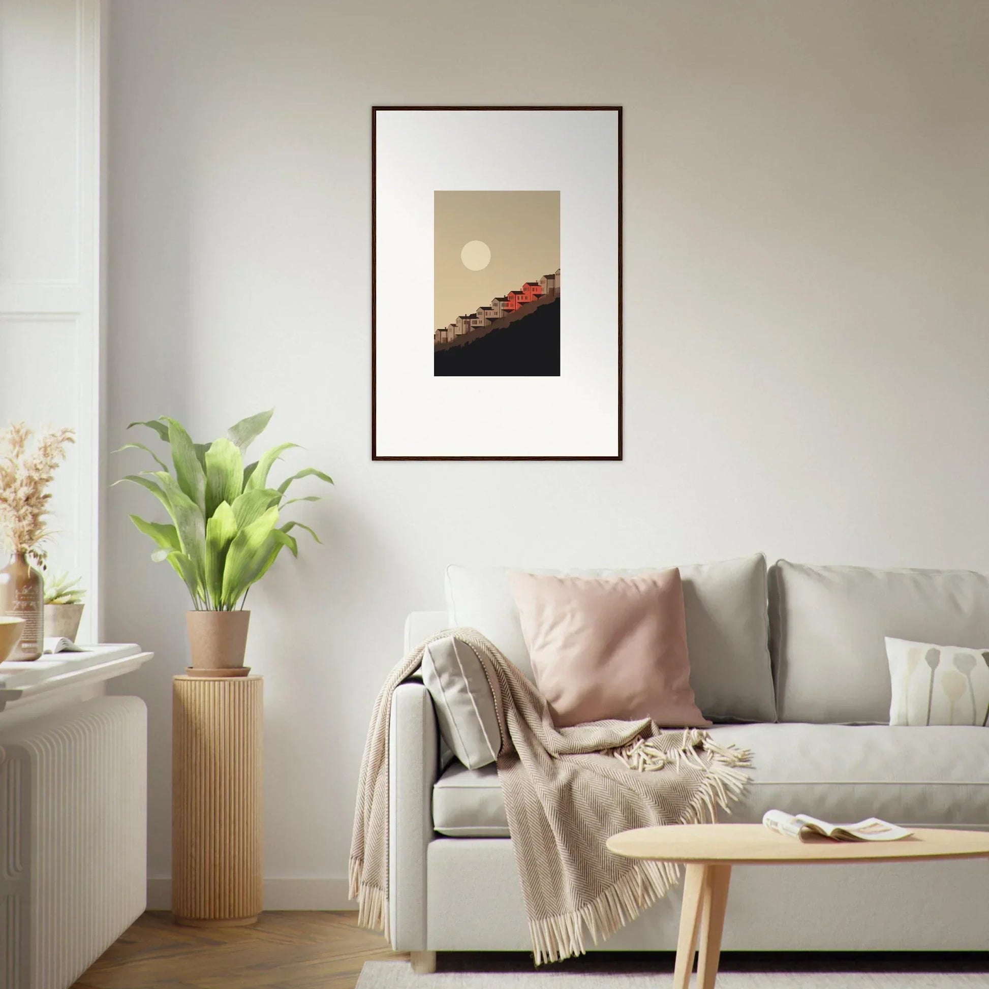 Framed wall art of moon and geometric shapes, ideal for whisper manifestation room decor