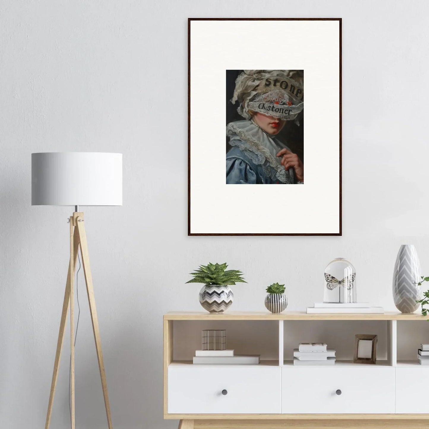 Framed canvas print of artwork with a person and veil cognition text for room decoration