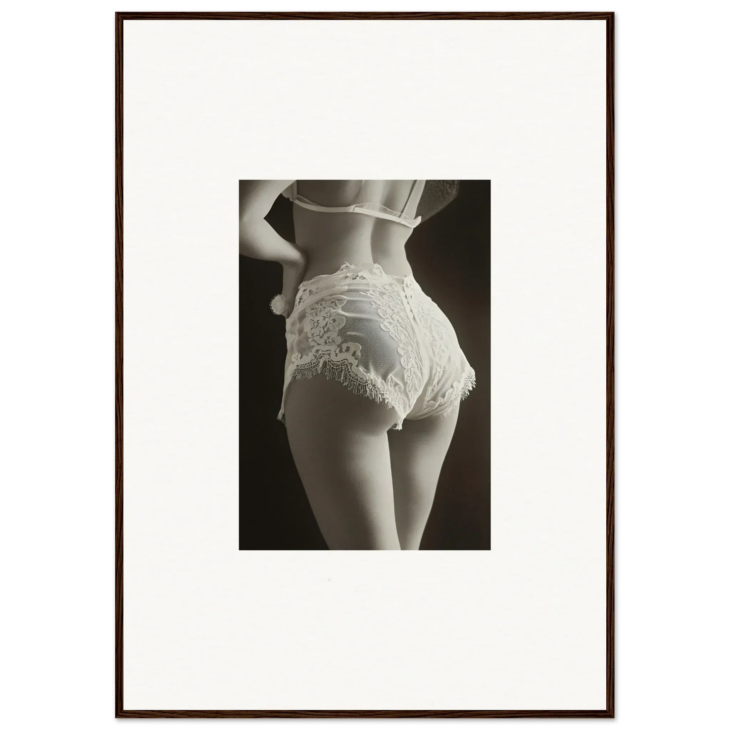 Black and white photo of woman in lace curvature underwear, perfect for room decoration