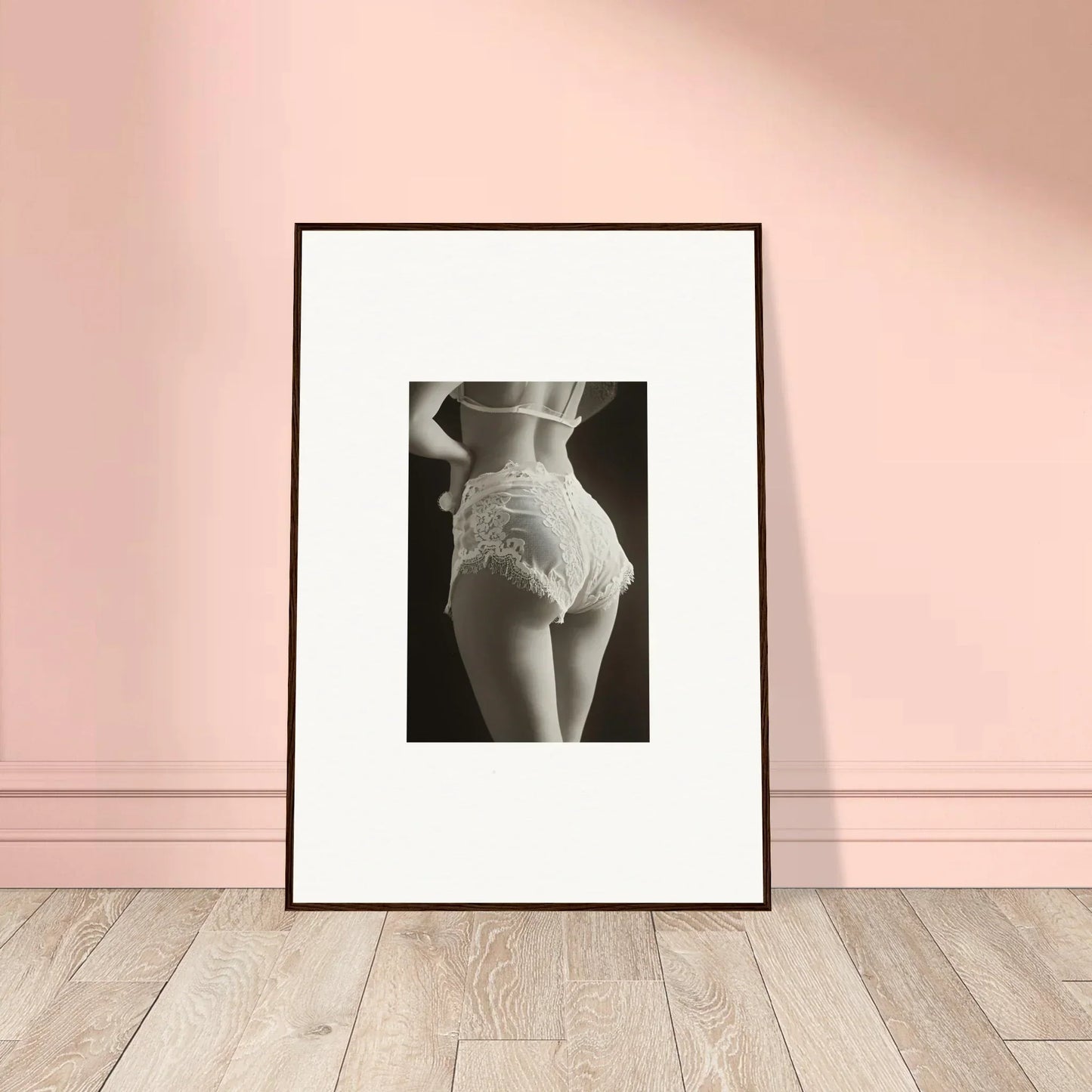 Framed black and white canvas print of a woman’s lace curvature for stylish room decoration