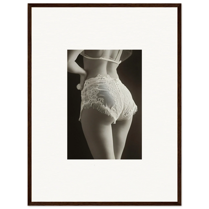 Framed black and white canvas print of lace curvature on a woman’s lower back for room decoration