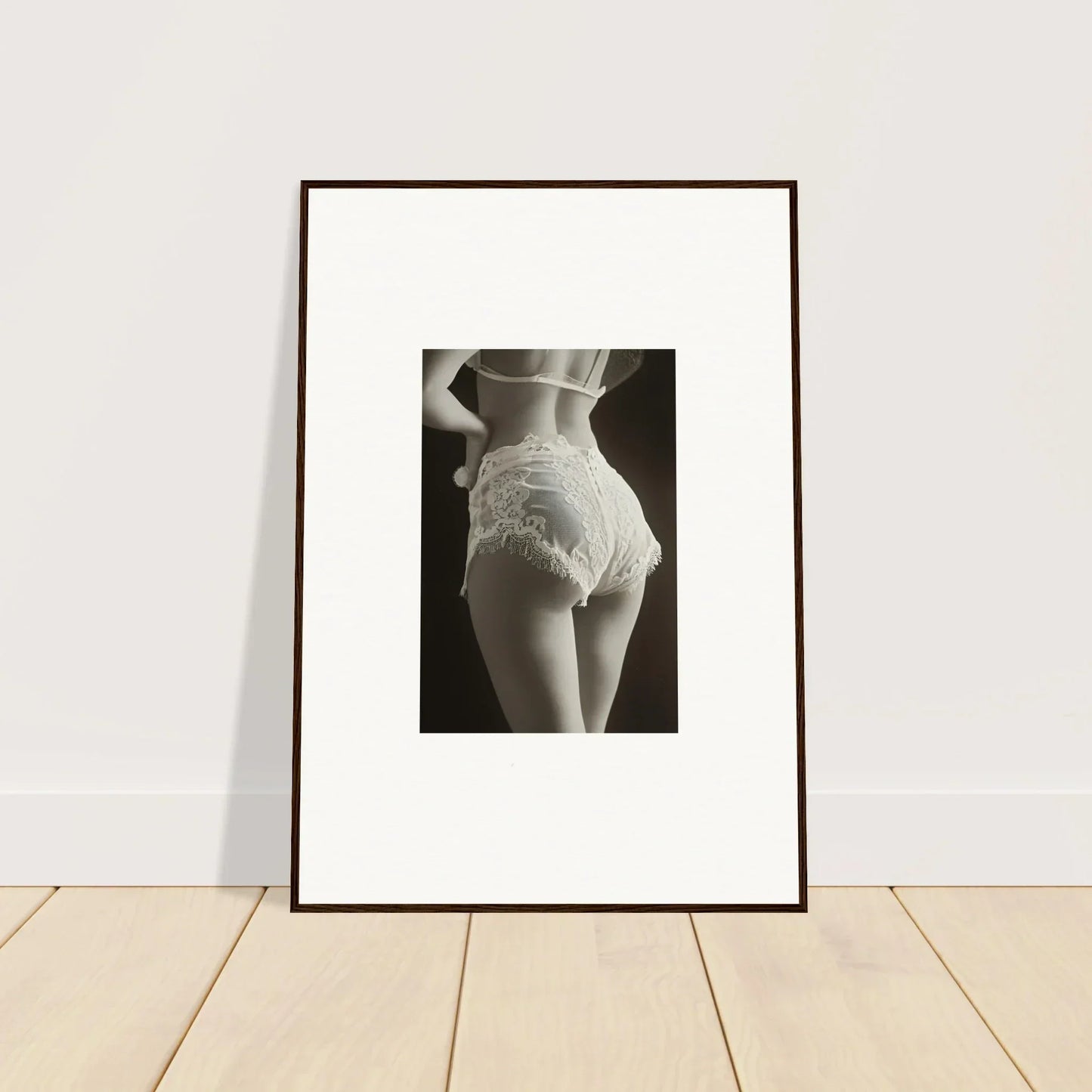 Framed black and white canvas print of a woman’s lace curvature for stylish room decoration