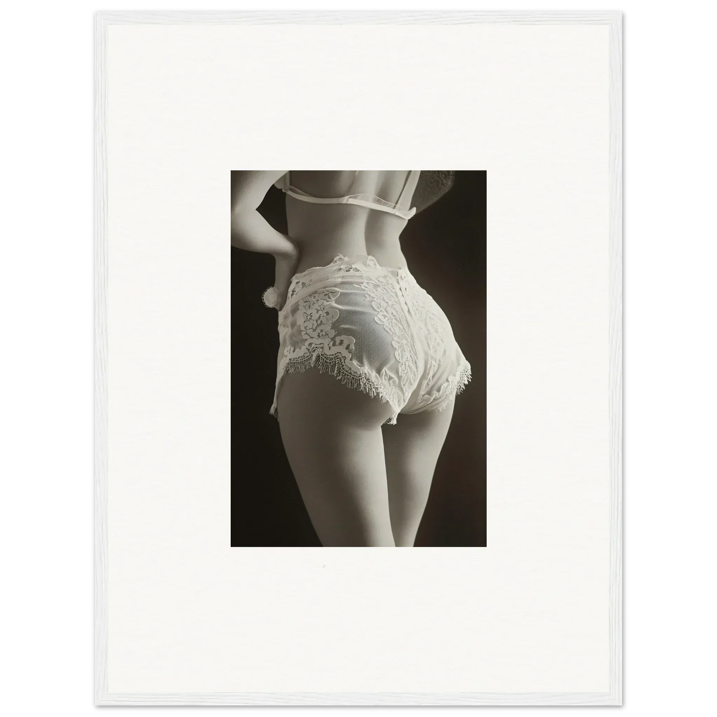 Stunning black and white image of lace curvature on a woman’s hips, perfect for canvas print