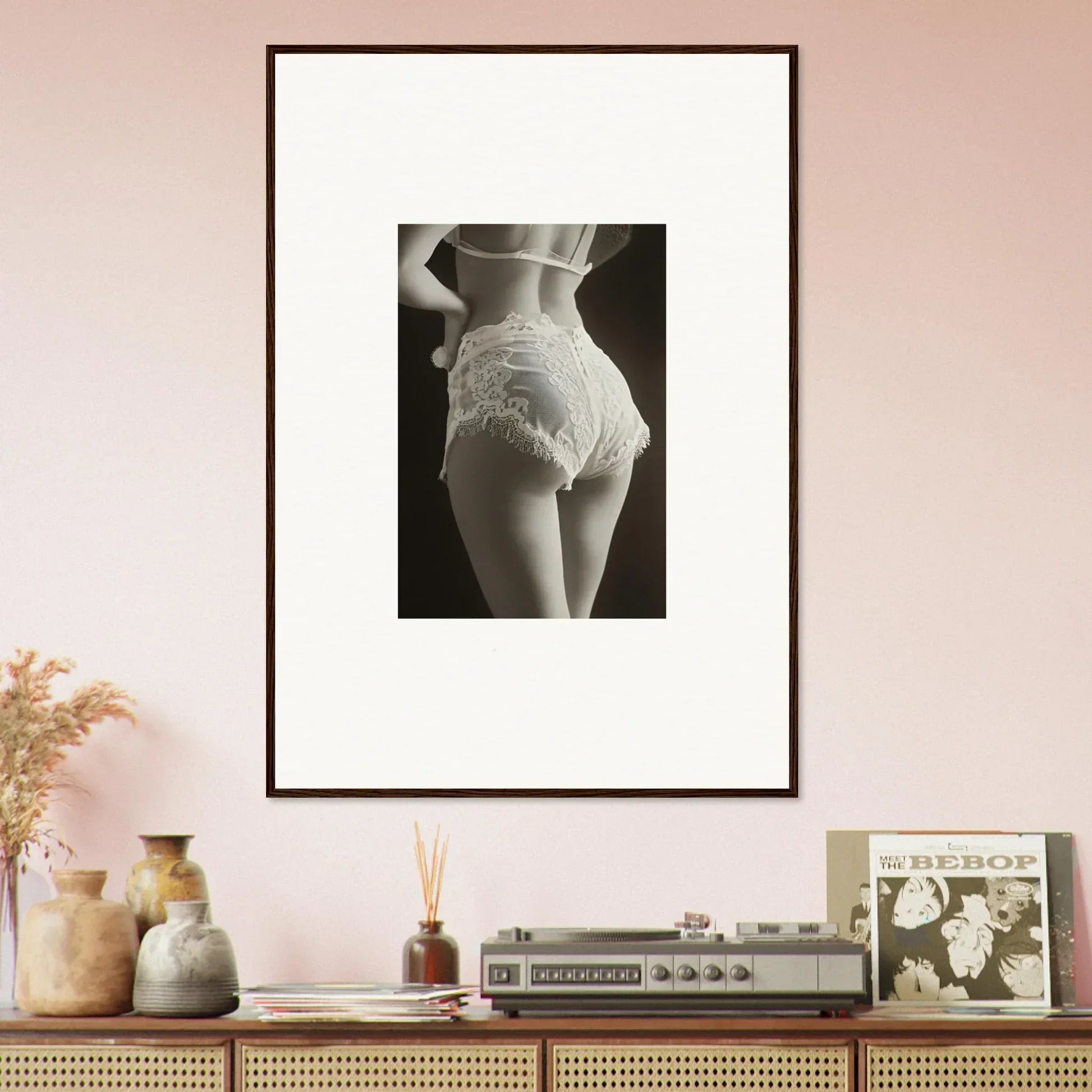 Framed black and white photo of a woman’s lace curvature for chic room decoration