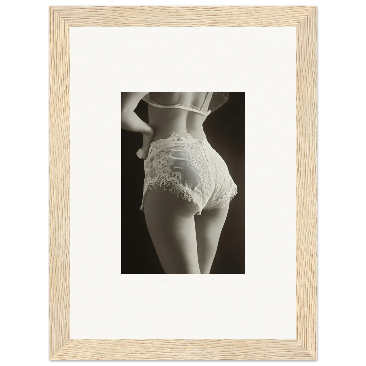 Black and white photo of lace curvature on a woman’s back, perfect for room decoration