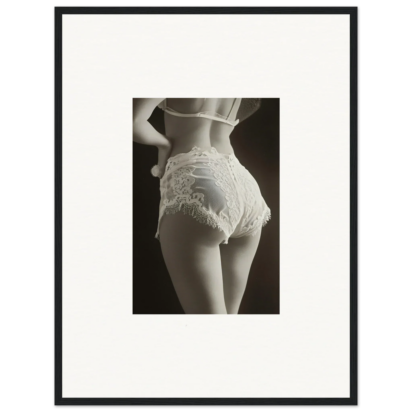 Black and white canvas print of a woman showcasing lace curvature in stylish underwear