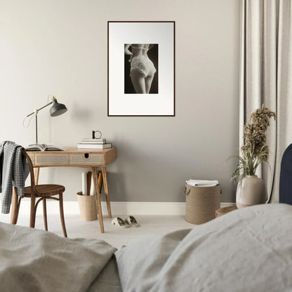 Stylish bedroom with a canvas print of lace curvature and a black and white nude photo