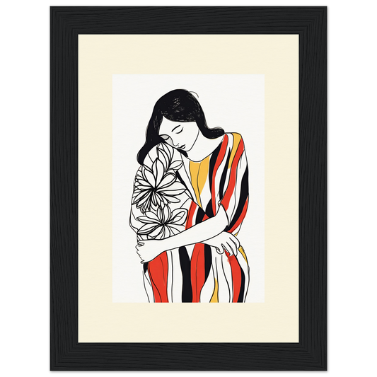 Stylized illustration of a woman in a colorful striped dress holding flowers.