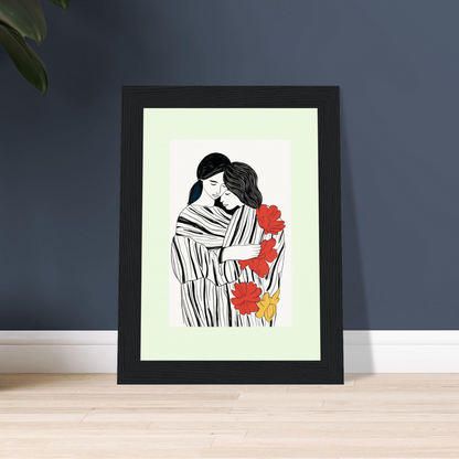 Framed black and white illustration of a woman embracing herself, with red and orange floral accents.