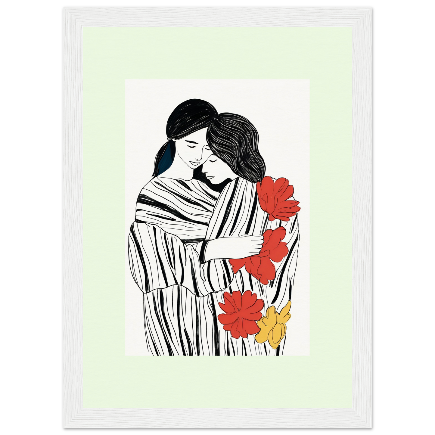 Illustration of two embracing figures with red and yellow flowers.