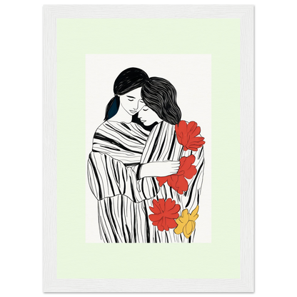 Illustration of two embracing figures with red and yellow flowers.