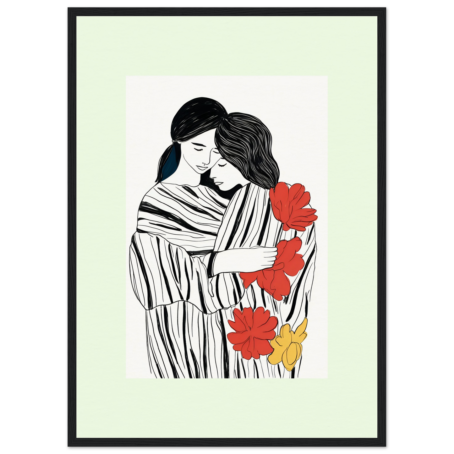 Illustration of two embracing figures surrounded by red and yellow flowers, rendered in a minimalist black line art style with color accents.