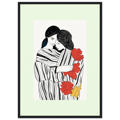 Illustration of two embracing figures surrounded by red and yellow flowers, rendered in a minimalist black line art style with color accents.