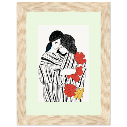 Framed illustration of two embracing figures with red and yellow flowers.