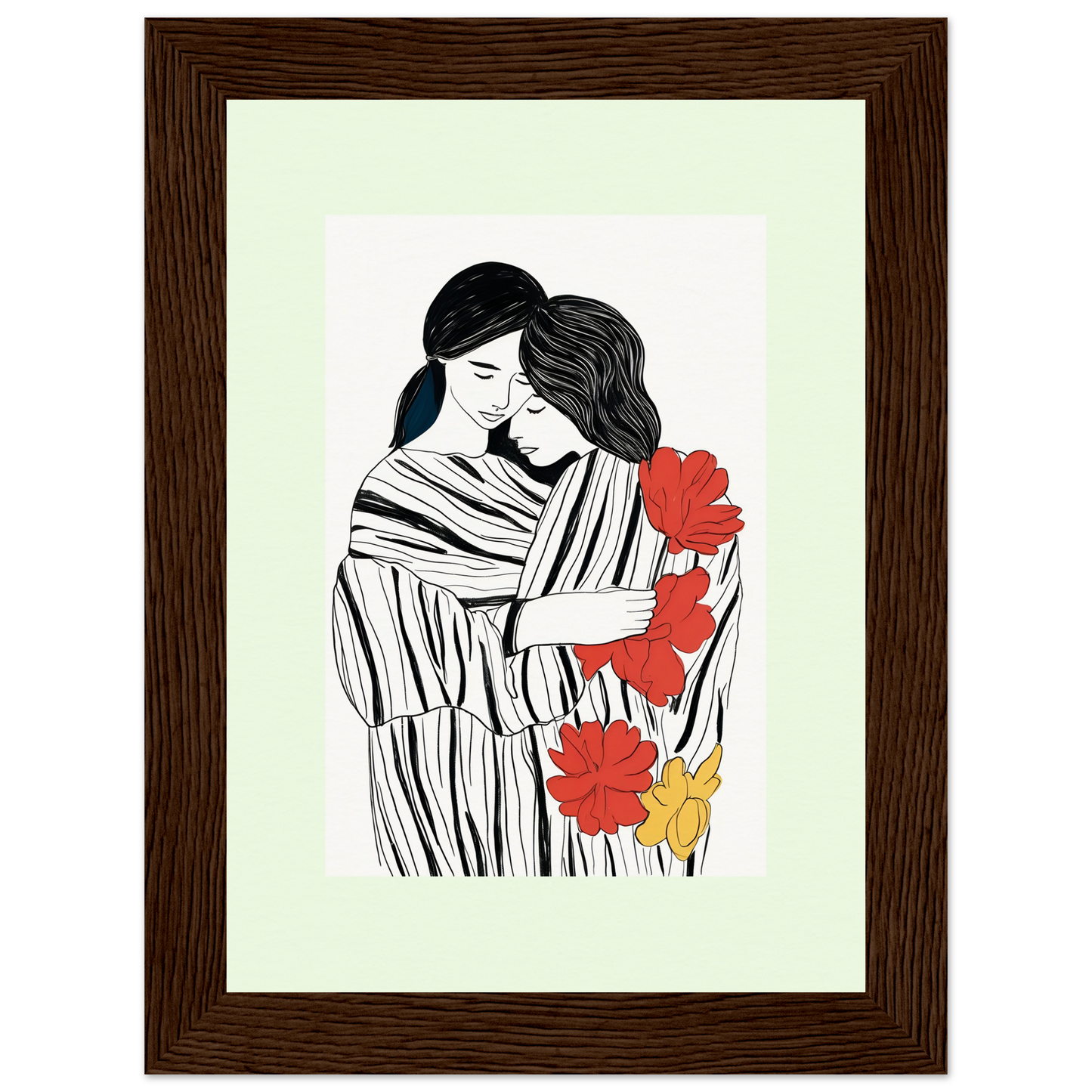 Framed artwork depicting two embracing figures with stylized flowers.