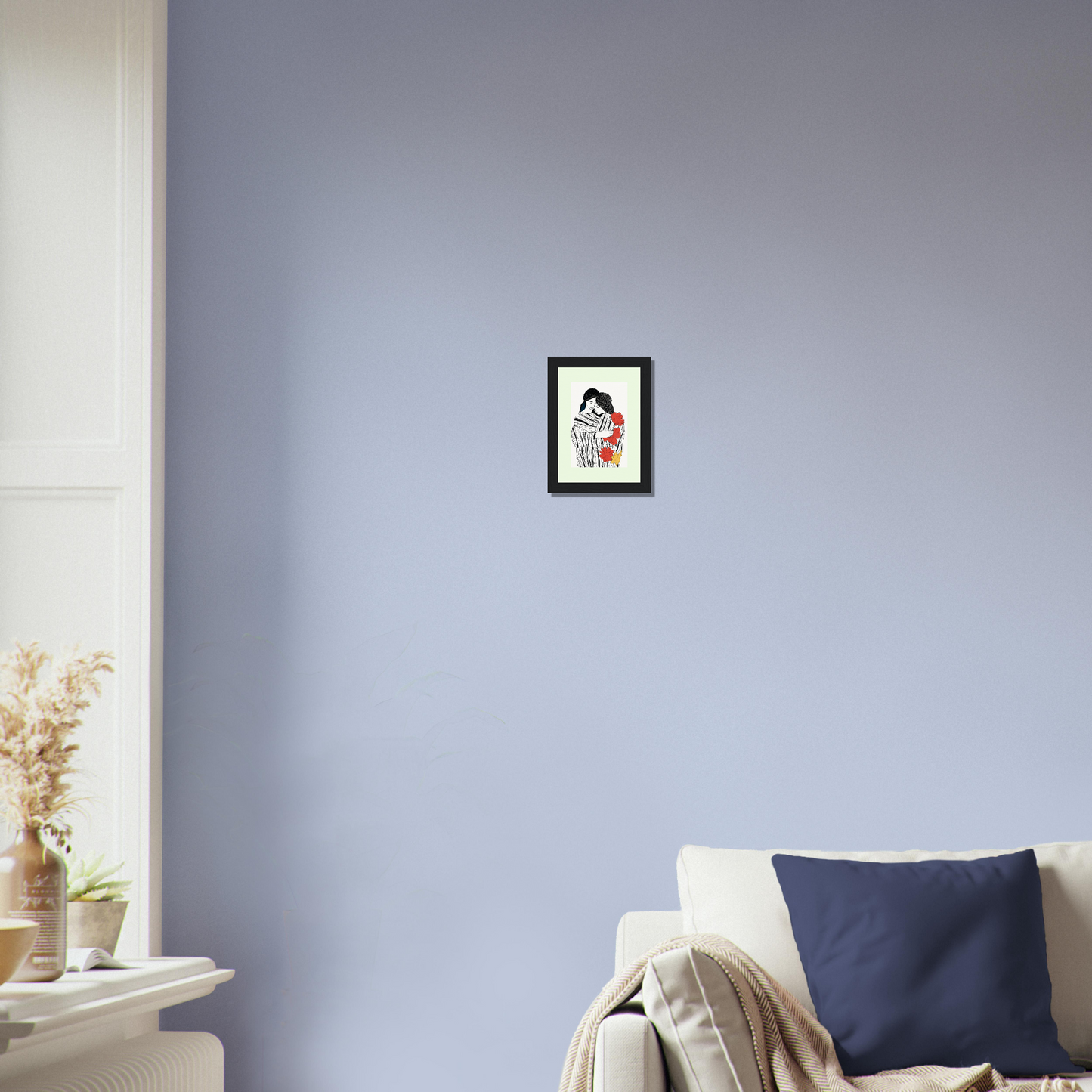 Framed cartoon-style portrait of a person with black hair and red lips hanging on a pale blue wall.