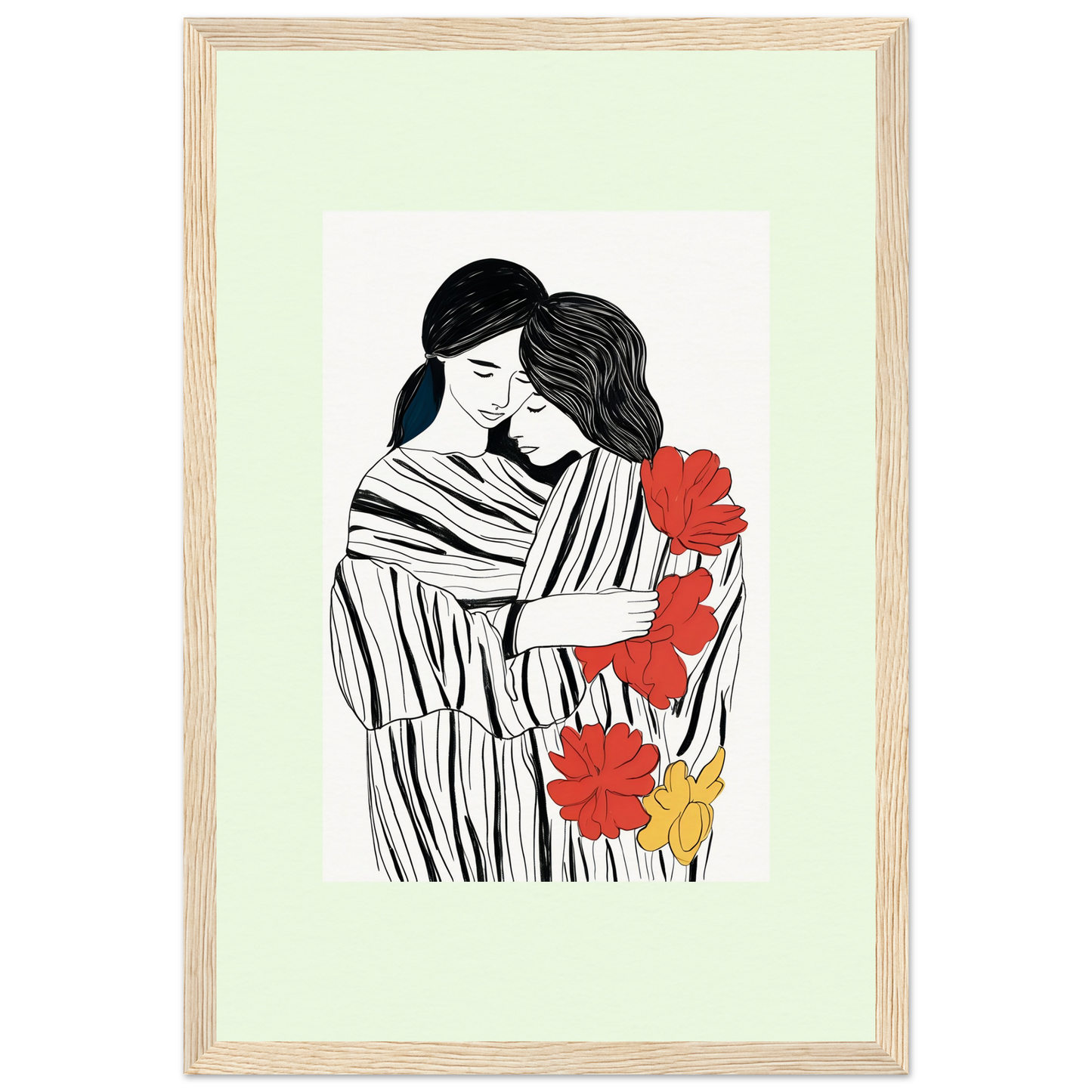 Framed illustration of two embracing figures with red and yellow flowers.