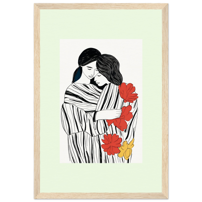 Framed illustration of two embracing figures with red and yellow flowers.