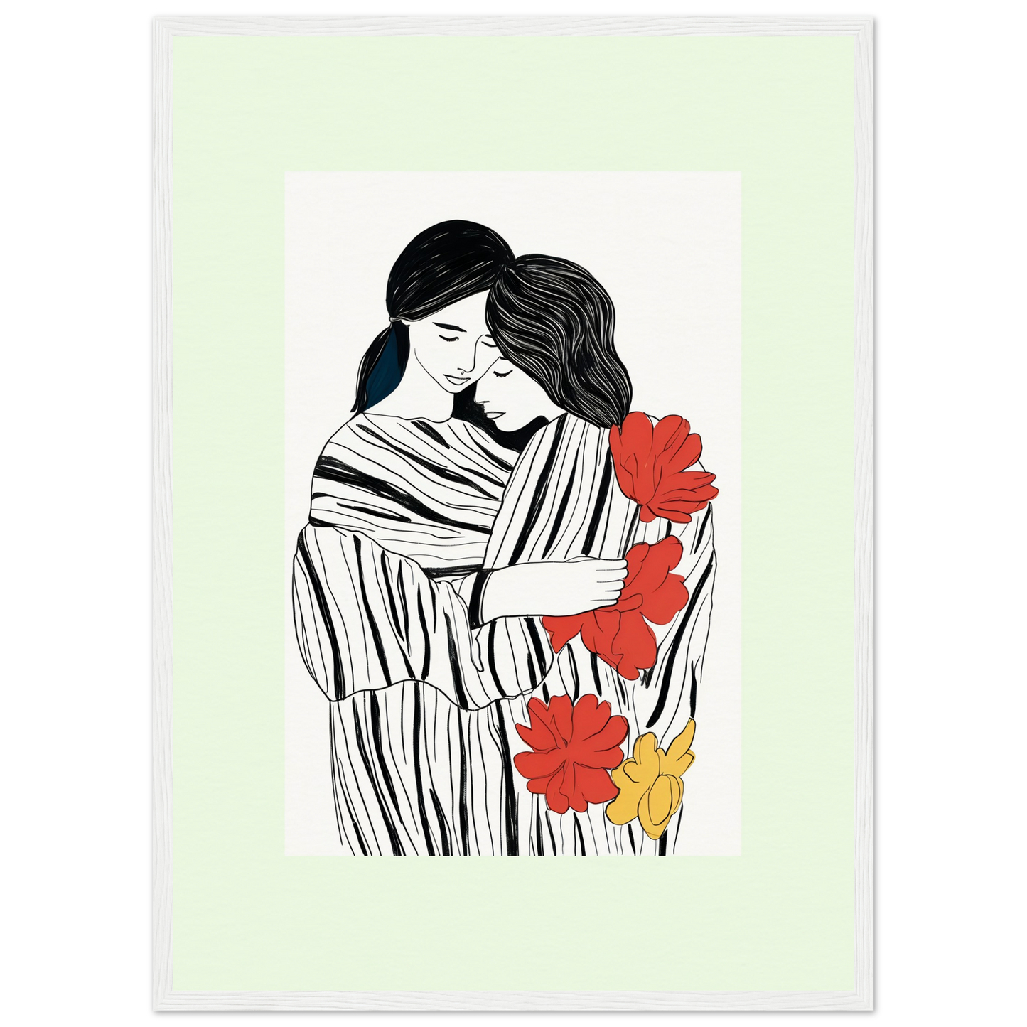 Illustration of two embracing figures with striped clothing and red and yellow flowers.