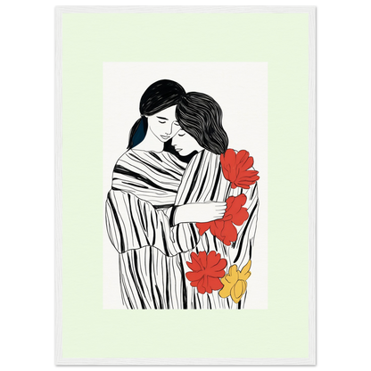 Illustration of two embracing figures with striped clothing and red and yellow flowers.