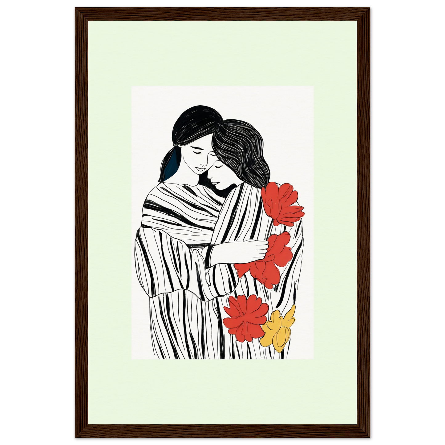 Framed artwork depicting two embracing figures with red and yellow flowers.