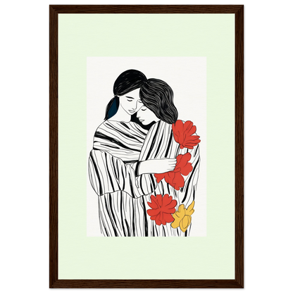 Framed artwork depicting two embracing figures with red and yellow flowers.