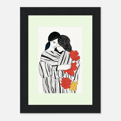 Framed artwork depicting two embracing figures with red and yellow flowers.