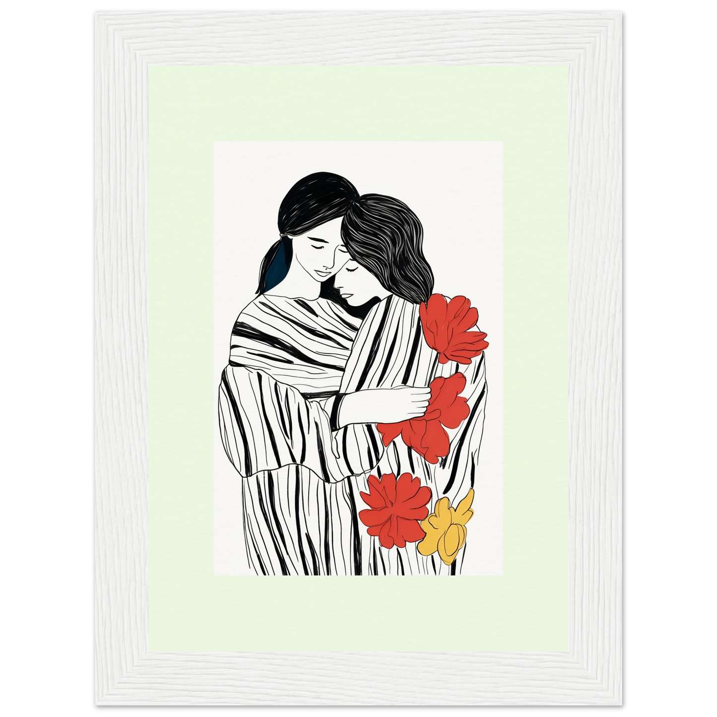 Line drawing of two embracing figures with colorful flowers between them.